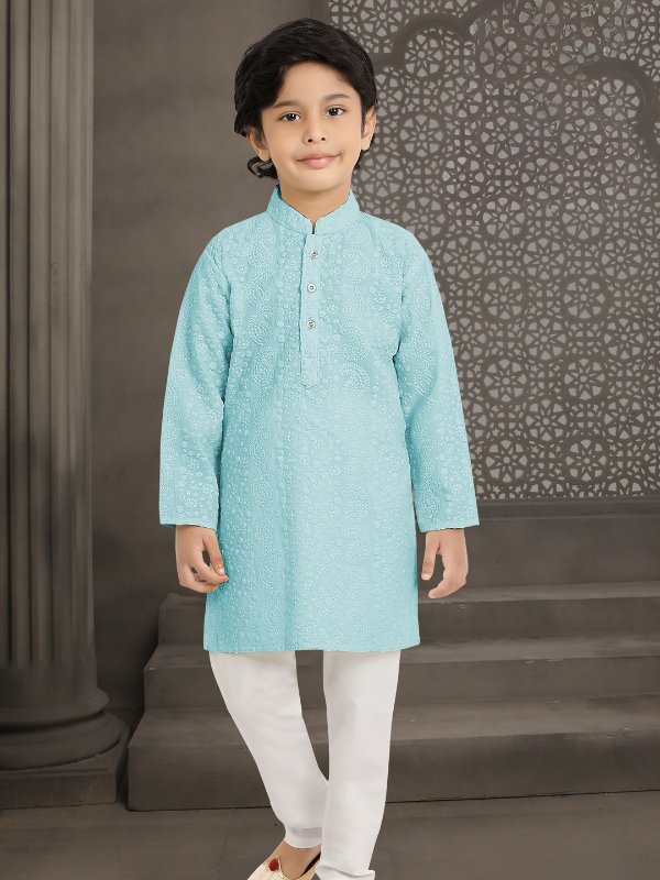 Boys Traditional Self Design Chudidar Kurta Set - Blue