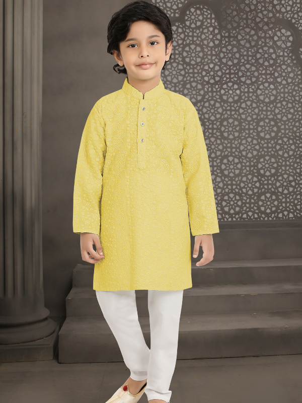 Boys Traditional Self Design Chudidar Kurta Set - Yellow