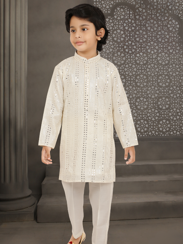Boys Traditional With Work Indo Western Kurta Set - Cream