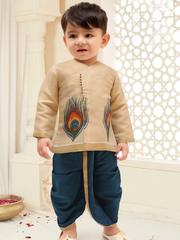 Boys Traditional Printed Dhoti Kurta Set - Blue