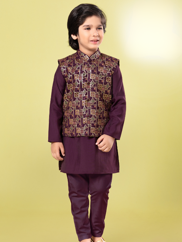 Boys Traditional With Work Chudidar Kurta with Koti - Purple
