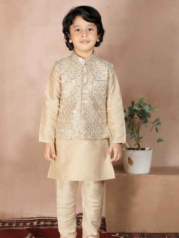 Boys Traditional With Work Chudidar Kurta with Koti - Fawn