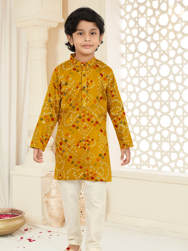 Boys Traditional Printed Chudidar Kurta Set - Gold.