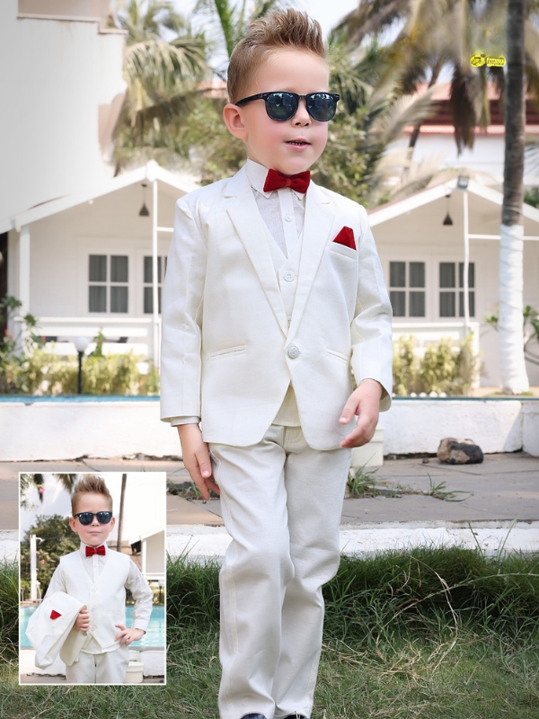 Boys Party 3 Piece Suit With Bow-White