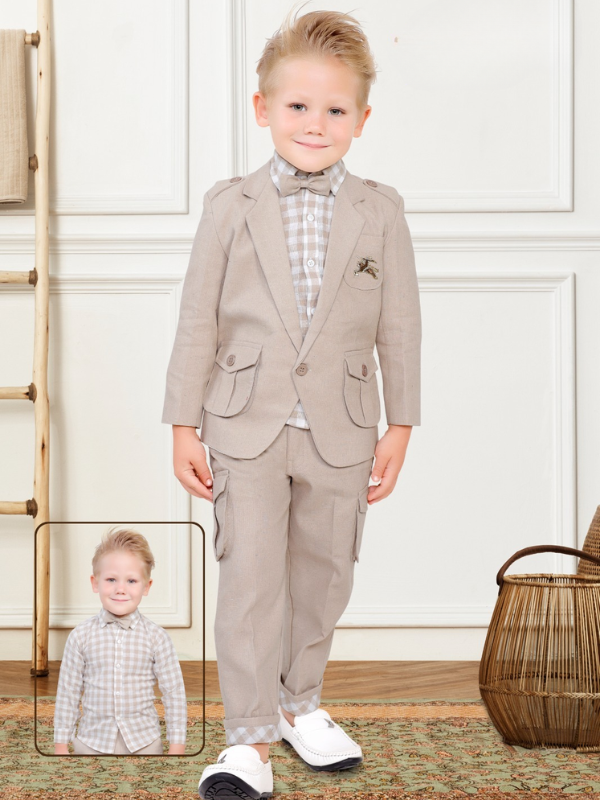 Boys Party 3 Piece Suit With Bow-Fawn
