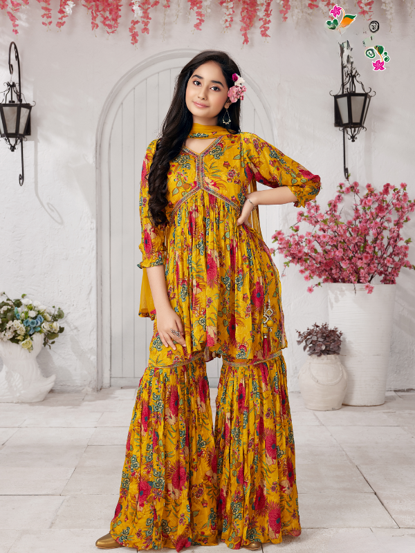 Girls Traditional 3/4th Sleeves Sharara Set - Yellow