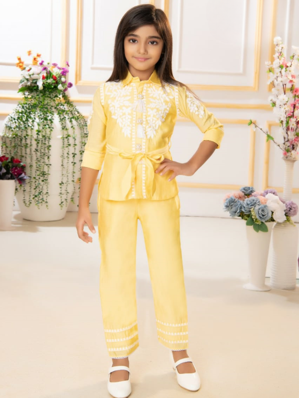 Girls Elegant Yellow Embroidered Tunic and Trouser Set