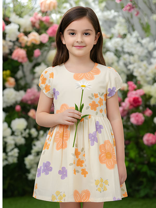 Girls Casual Printed Cotton Frocks - Cream