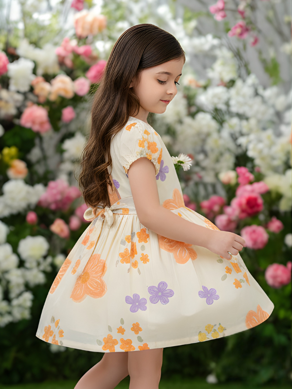 Girls Casual Printed Cotton Frocks - Cream
