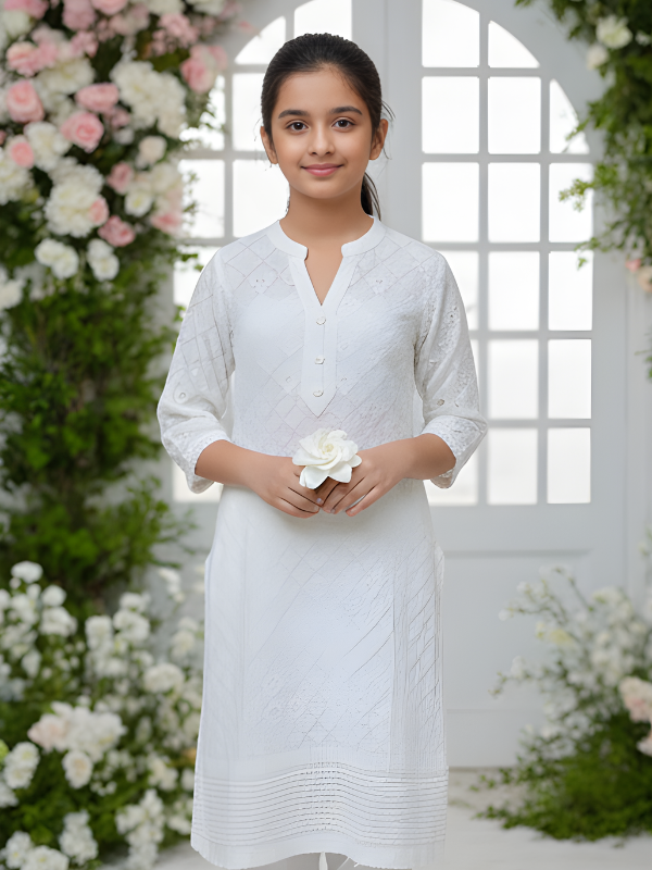 Girls' White Chikankari Anarkali Style Kurta and Straight Set