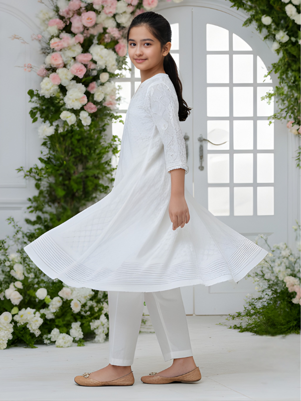 Girls' White Chikankari Anarkali Style Kurta and Straight Set