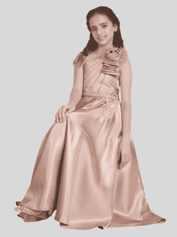 Girls Party Plain Satin Western Gown With Work - Brown