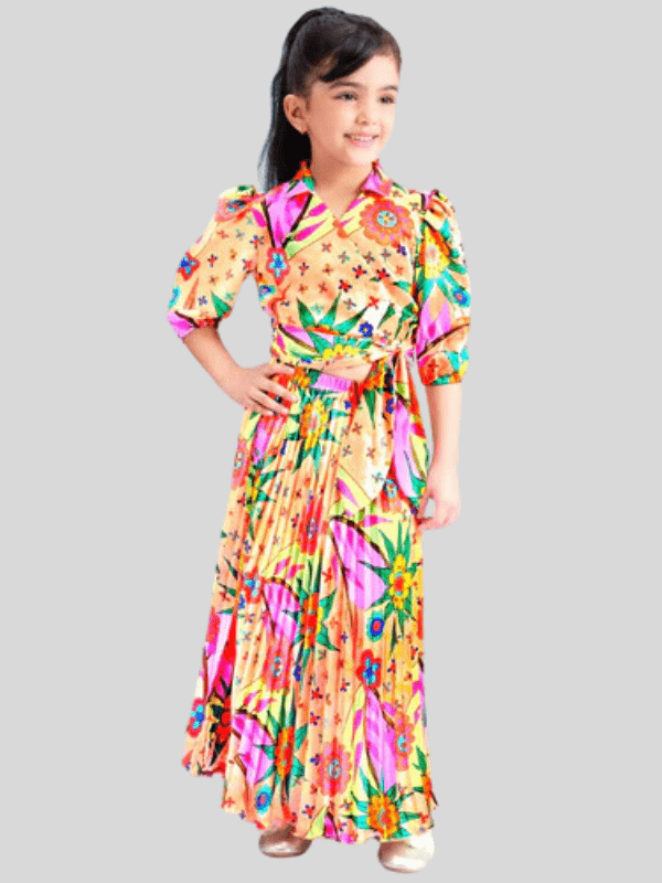 Girls Casual Printed 3/4th Sleeves Skirt Two Pc Set - Peach