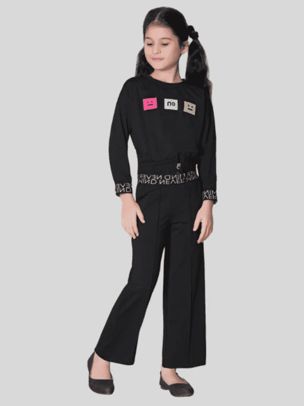 Girls Casual Plain Full Sleeves Plazo Set - Black