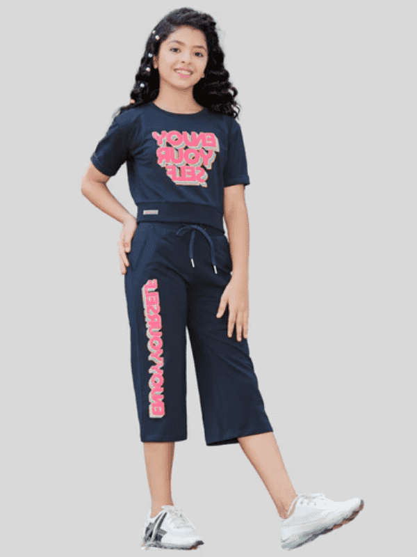 Girls Casual Printed Half Sleeves Capri Set - Navy Blue