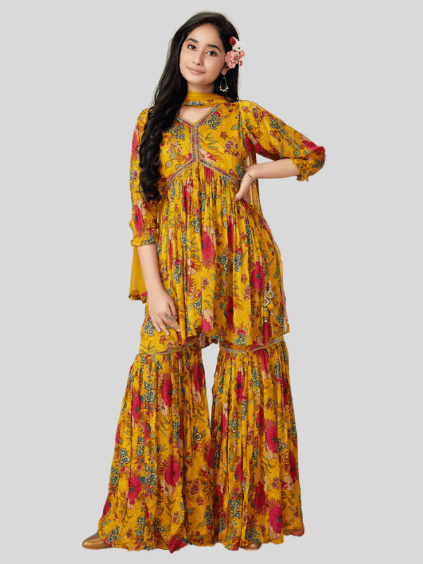 Girls Traditional 3/4th Sleeves Sharara Set - Yellow