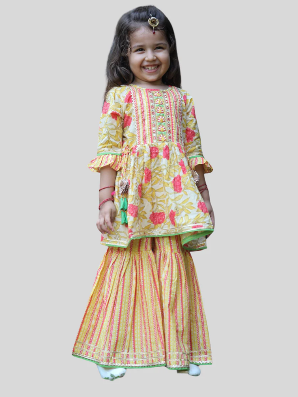 Girls Traditional 3/4th Sleeves Sharara Set - Yellow