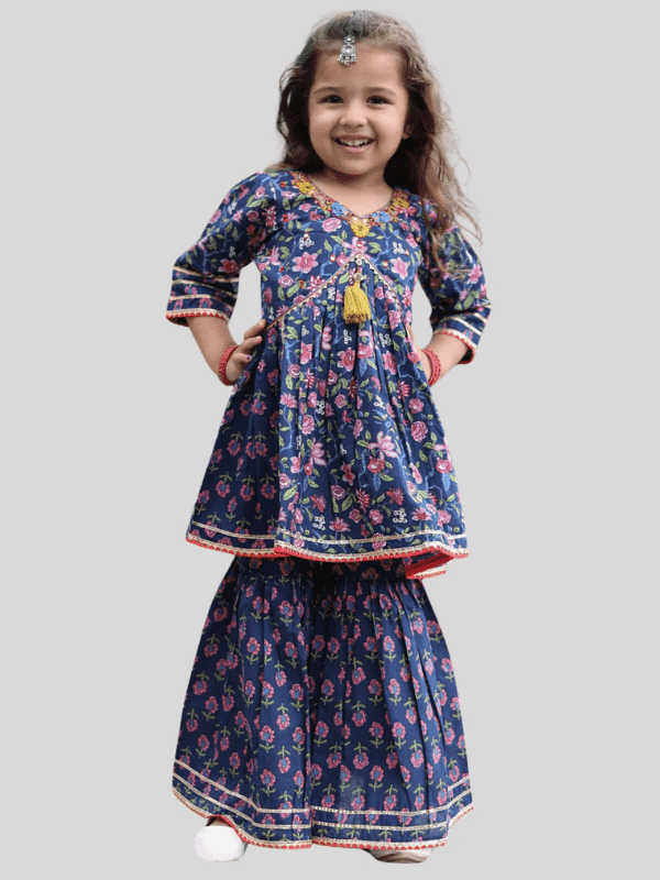 Girls Traditional 3/4th Sleeves Sharara Set - Navy Blue