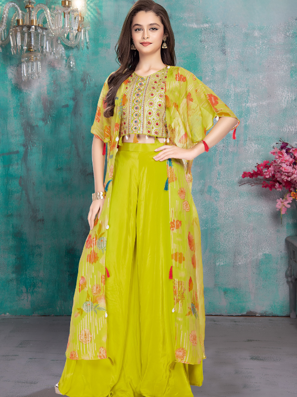 Girls Traditional Half Sleeves Plazo Set - Green