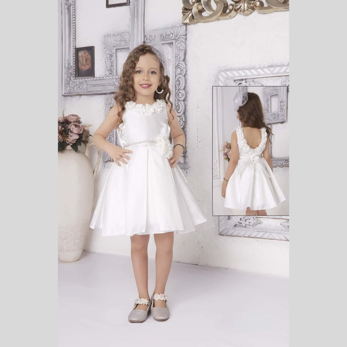 Girls Party Satin Party Frock With Work - White