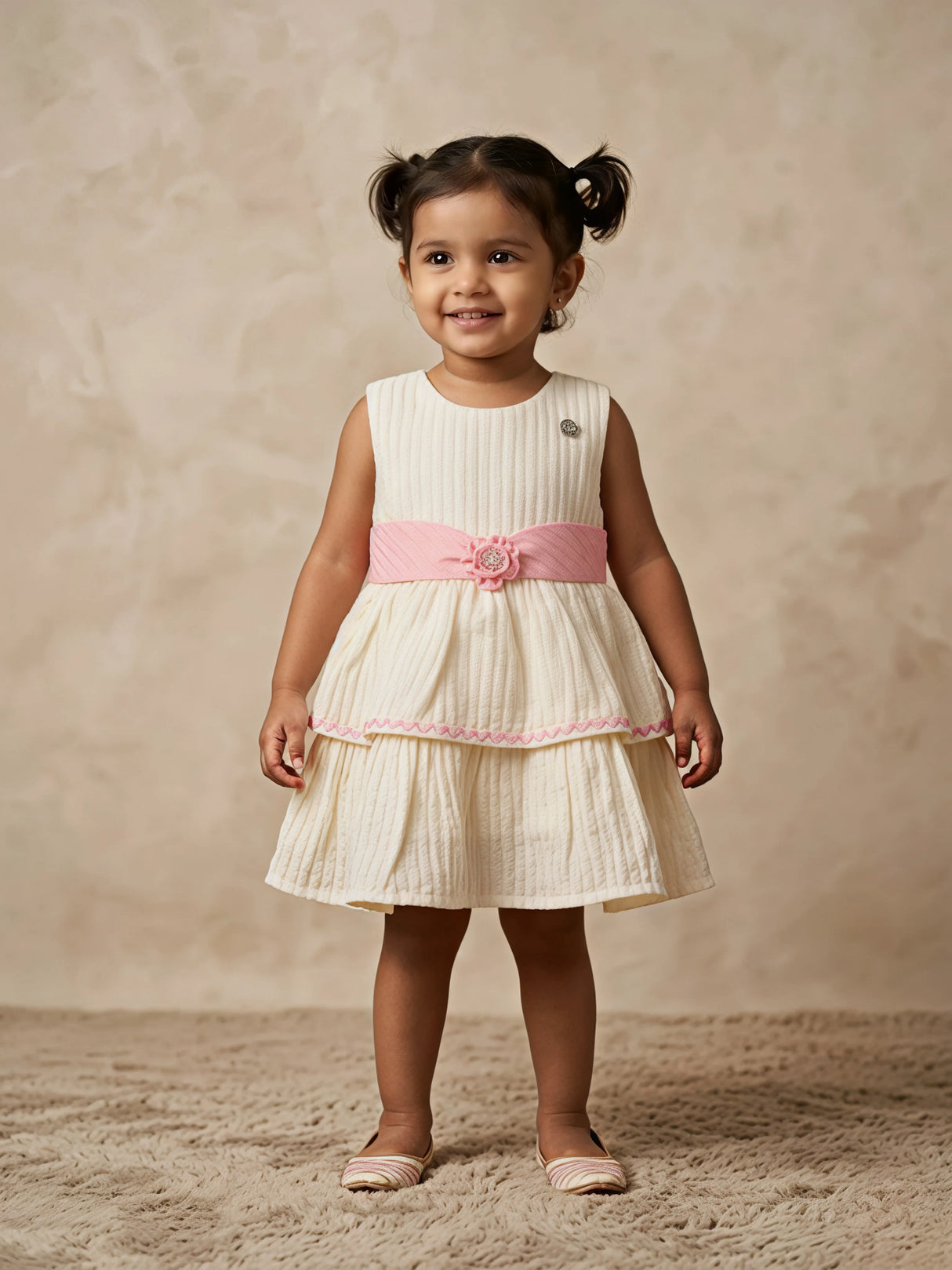 Cream Tiered Party Frock with Pink Floral Sash