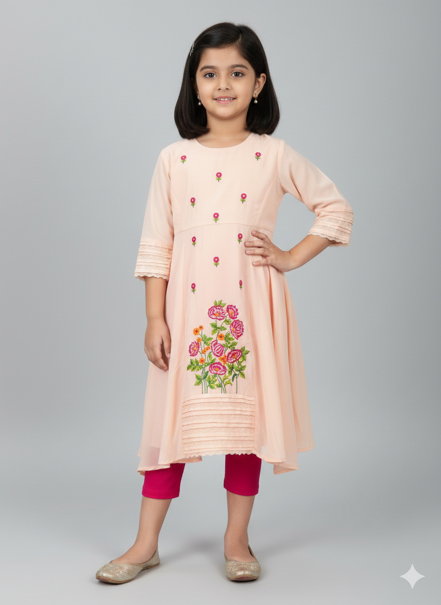 Young girl wearing a sleeveless dusty blue sequin crop top (choli) and a peach lehenga skirt with silver sequin embroidery, draped with a peach and blue ombre net dupatta.