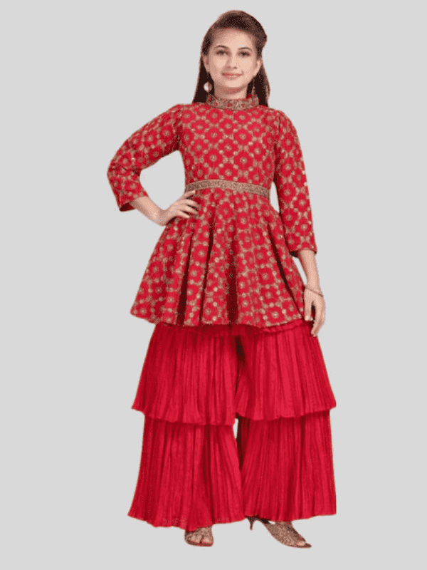 Girls Traditional 3/4th Sleeves Ghagara Set - Red
