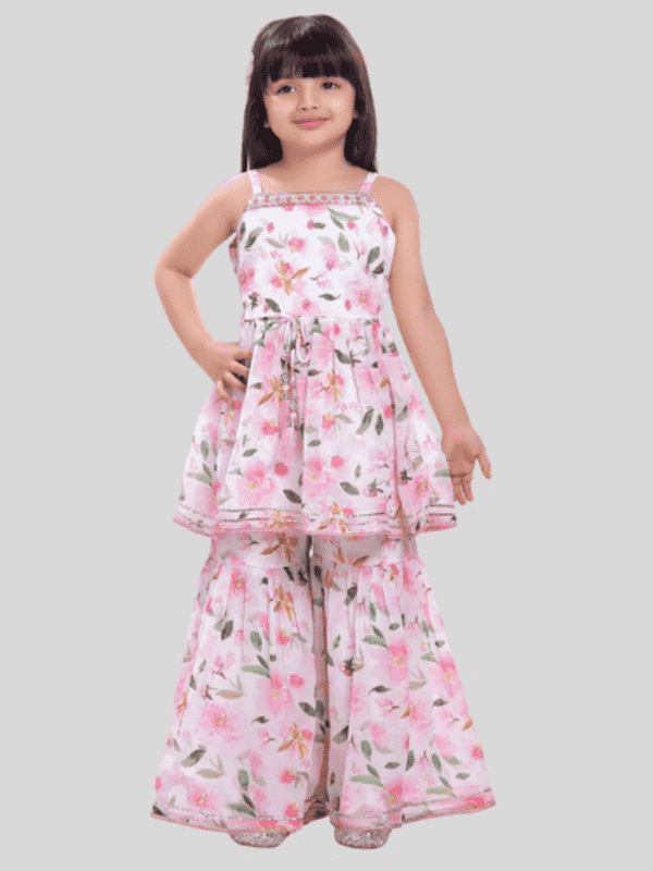 Girls Traditional Sleeves Less Sharara Set - Pink