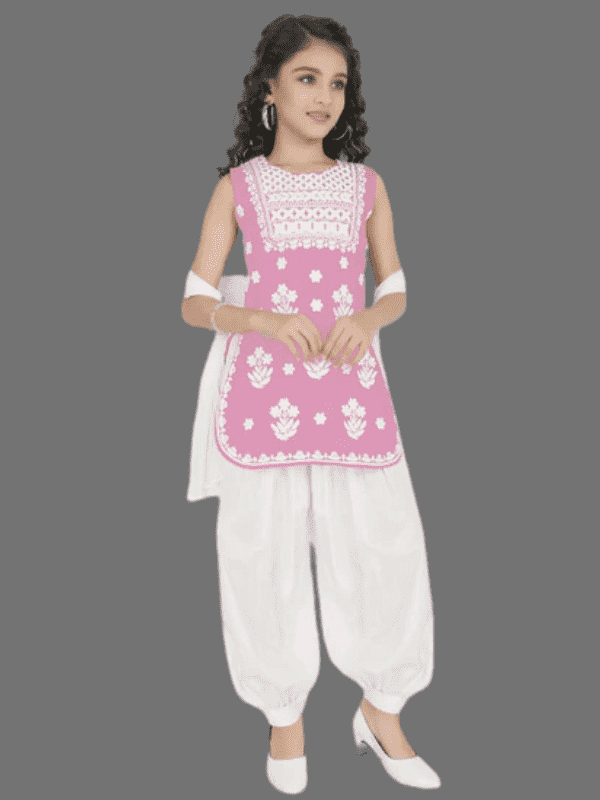 Girls Traditional 3/4th Sleeves Patiala Set - D.Pink