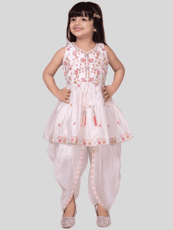 Girls' Cream Embroidered Peplum Kurti and Dhoti Set