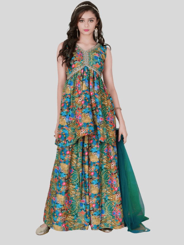 Girls Traditional Sleeves Less Plazo Set - Green