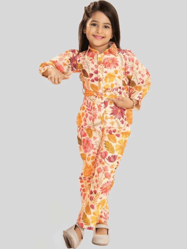 Girls Peach and Mustard Floral Printed Shirt Tunic with Trouser Set
