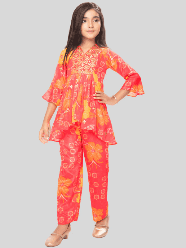 Girls Vibrant Red Floral Print Peplum Tunic and Trouser Set
