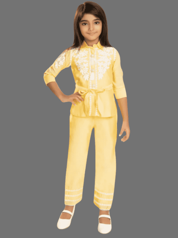 Girls Elegant Yellow Embroidered Tunic and Trouser Set