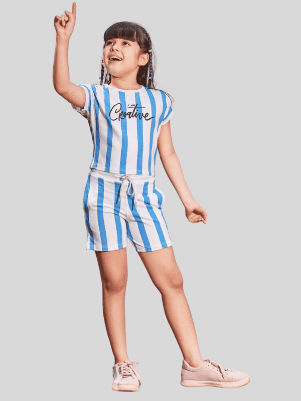 Girls Casual Stripes Half Sleeves Short Set - White