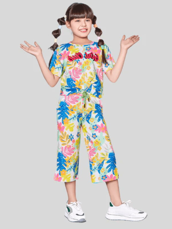 Girls Casual Printed Half Sleeves Track Pant Set - Orange