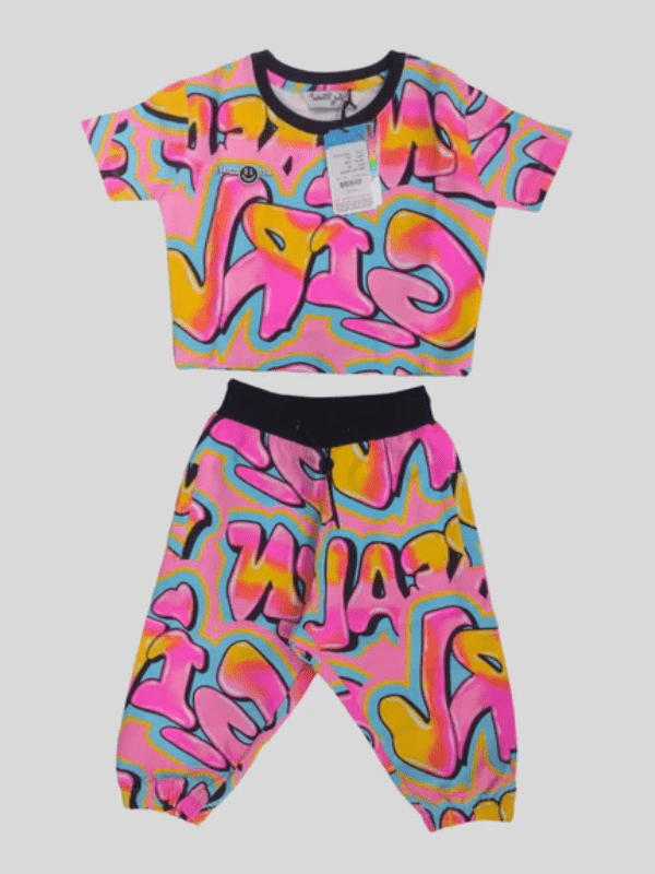 Girls Casual Printed Half Sleeves Track Pant Set - Pink