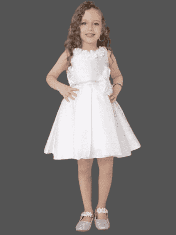 Girls Party Satin Party Frock With Work - White