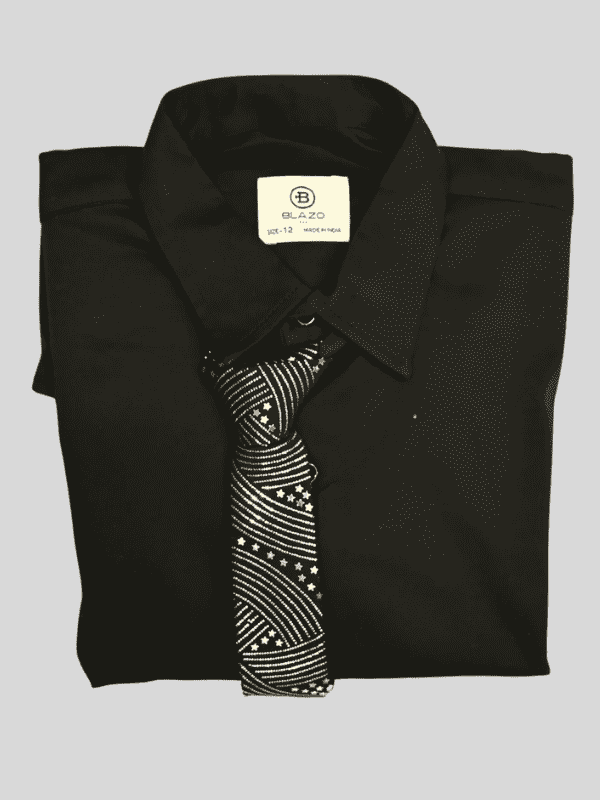 Boys Casual Full Sleeves Plain Shirt With Tie - Black