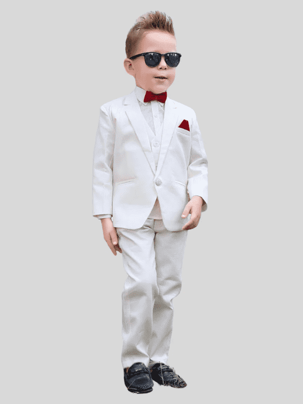 Boys Party 3 Piece Suit With Bow-White