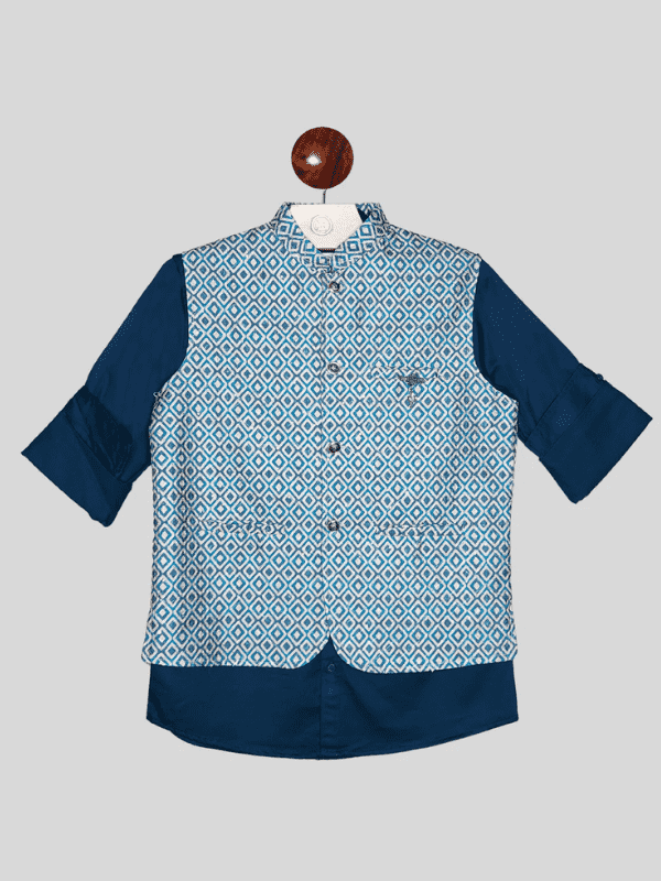 Boys Party Waist Coat with Shirt High Neck-Blue