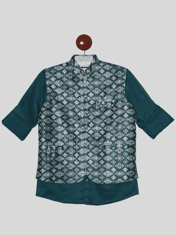 Boys Party Waist Coat with Shirt High Neck-Green