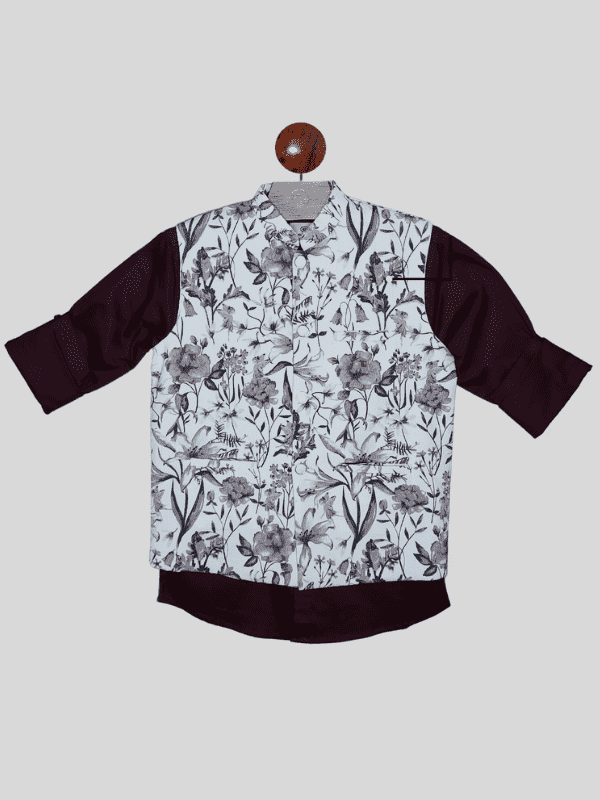 Boys Party Waist Coat with Shirt High Neck-Maroon