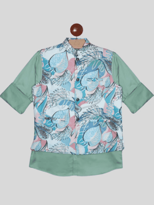 Boys Party Waist Coat with Shirt High Neck-C.Green