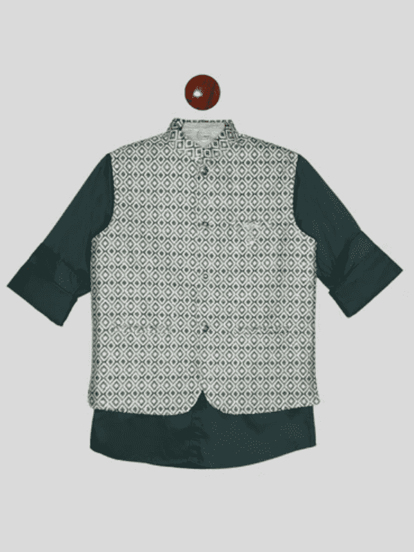 Boys Party Waist Coat with Shirt High Neck-Green