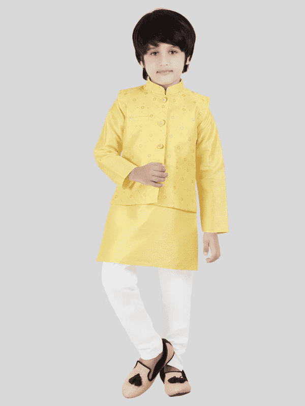 Boys Traditional With Work Chudidar Kurta with Koti - Yellow