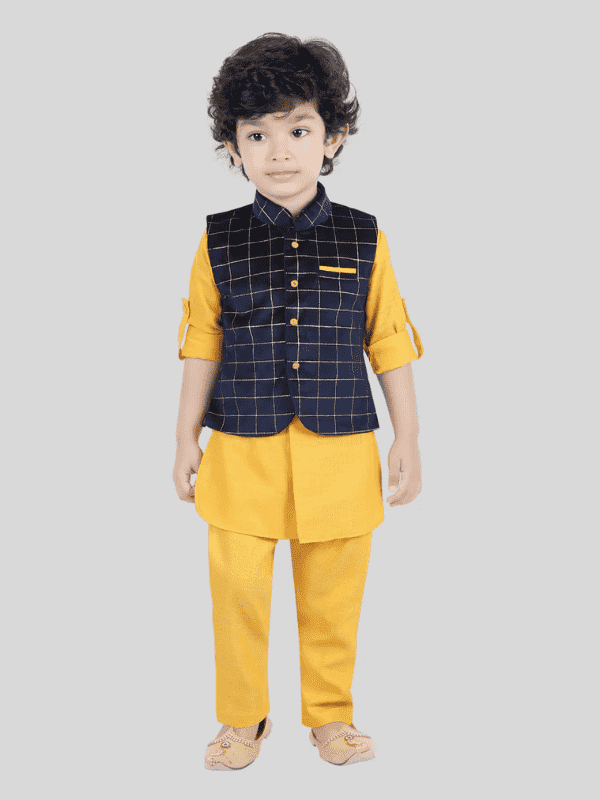 Boys Traditional Checks Chudidar Kurta with Koti - Navy Blue
