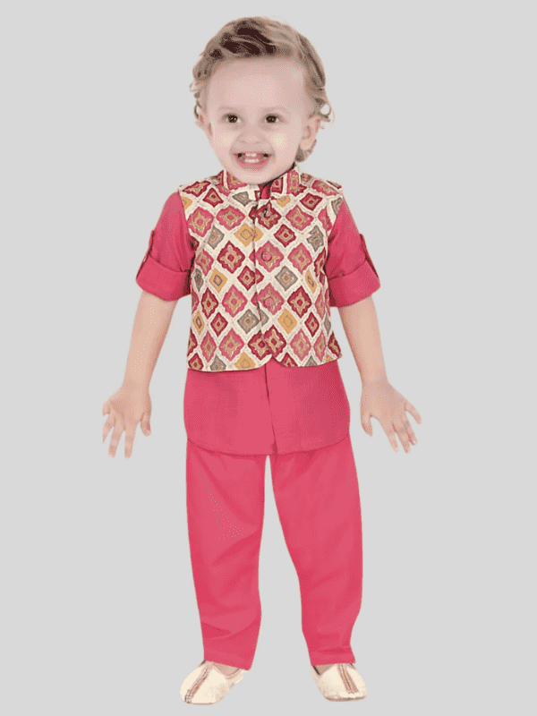 Boys Traditional Printed Chudidar Kurta with Koti - Pink