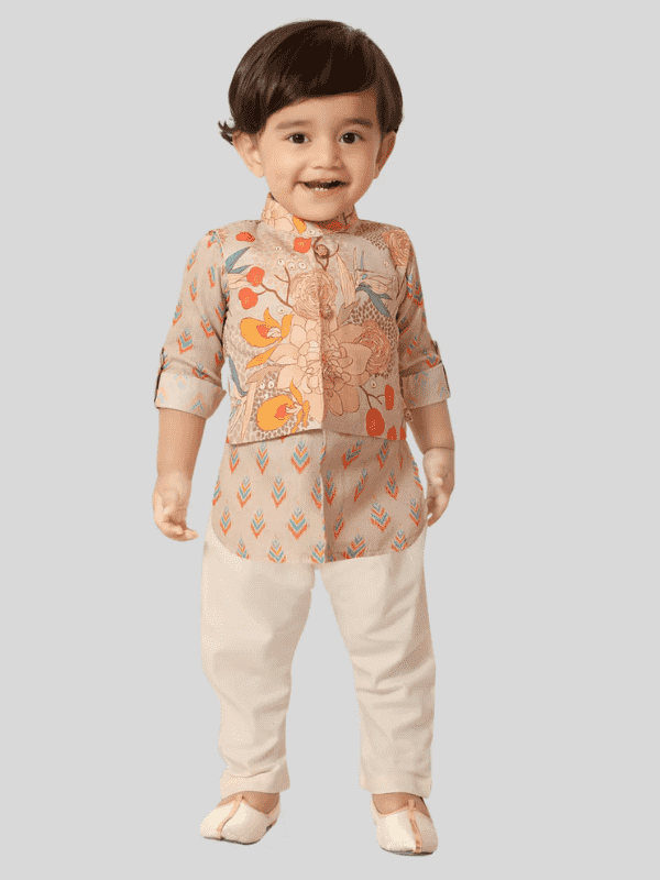 Boys Traditional Printed Chudidar Kurta with Koti - Fawn
