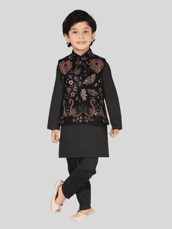 Boys Traditional With Work Indo Western Kurta Set - Black